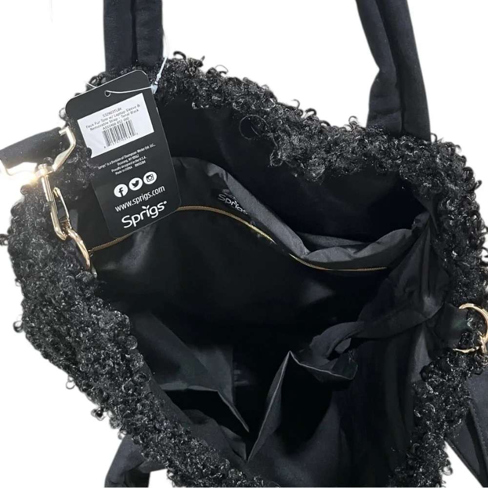Sprigs Faux Fur Tote Bag OS Black Laptop Sleeve Crossbody NWT